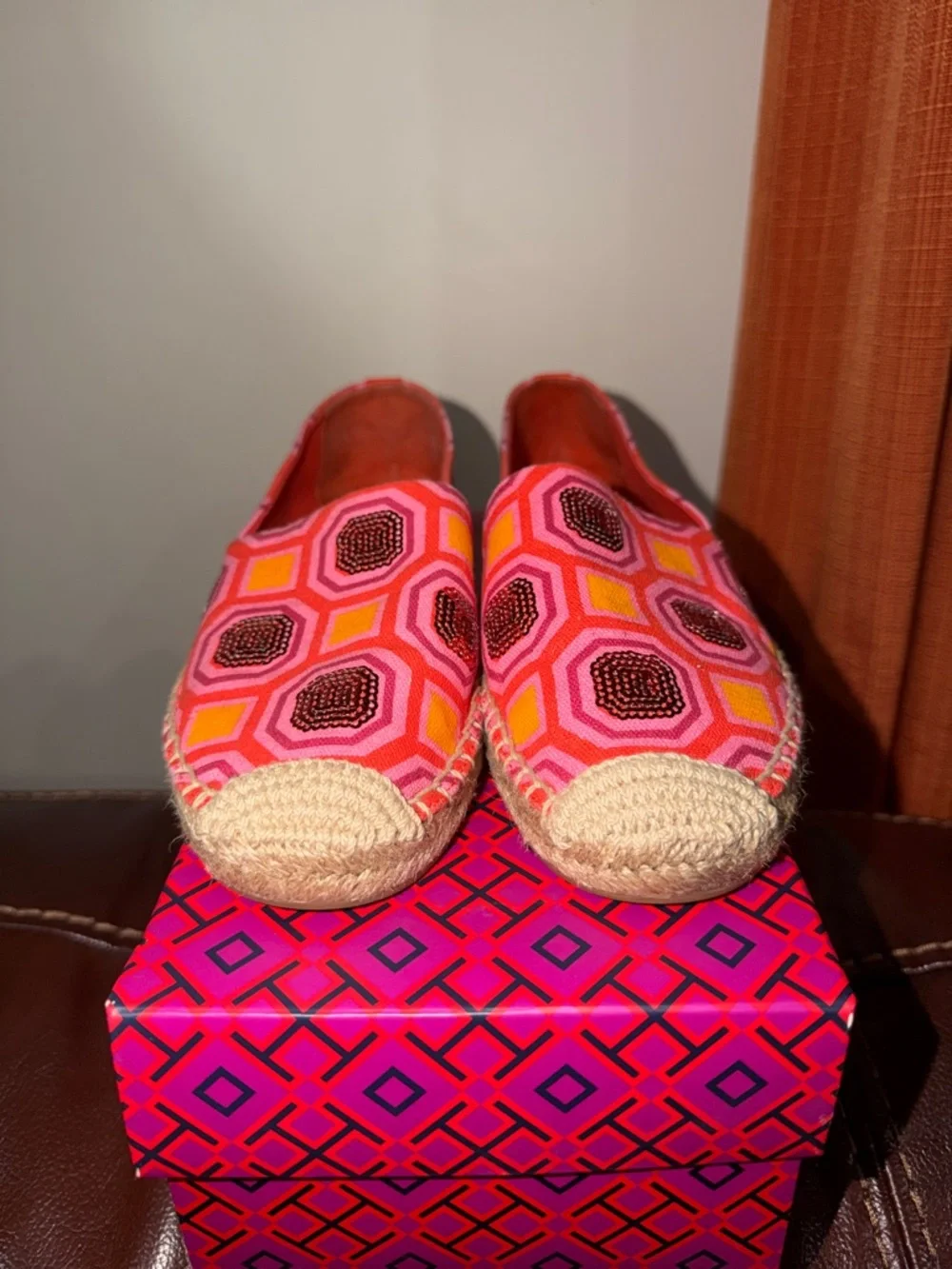 ‼️Tory Burch Cecily Embellished Espadrilles Flats geometric print with sequins